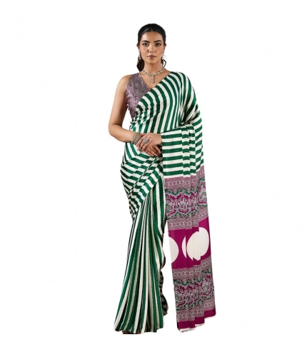 Generic Women's Satin Crepe Printed Saree With Unstitched Blouse 5.5Mtr (Green)