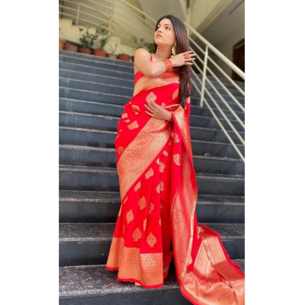 Generic Women's Soft Litchi Silk Jacquard Work Saree With Unstitched Blouse 5.5Mtr (Red) Generic Women's Soft Litchi Silk Jacquard Work Saree With Unstitched Blouse 5.5Mtr (Red)