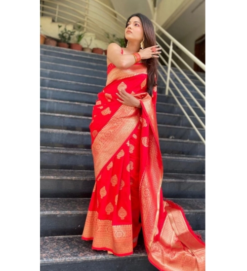 Generic Women's Soft Litchi Silk Jacquard Work Saree With Unstitched Blouse 5.5Mtr (Red)