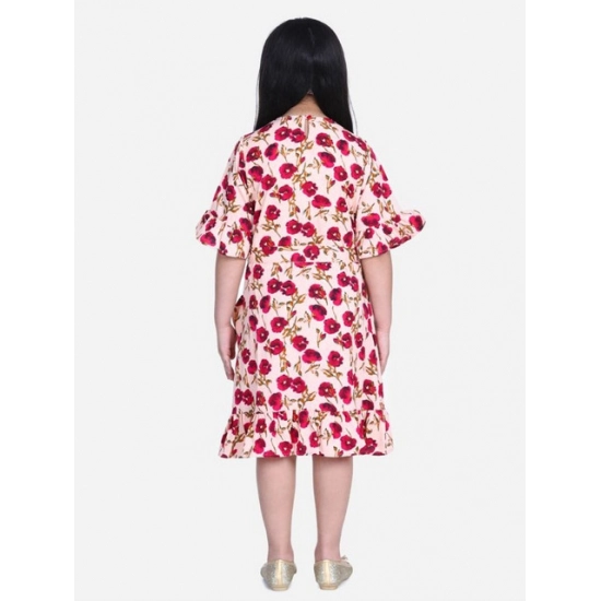 Generic Girl's Polyester Crepe Floral Bell Sleeve Dress (Red-Pink)