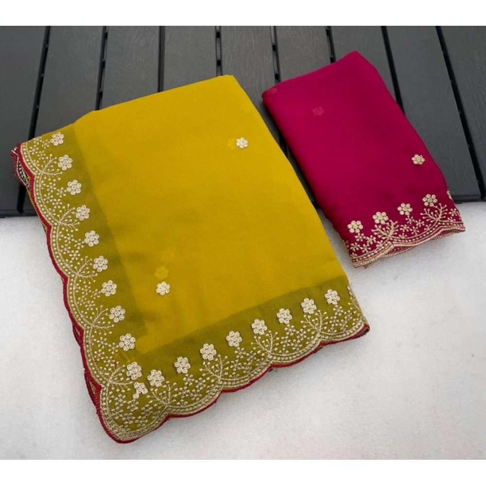 Generic Women's Star Georgette Embroidered Saree With Unstitched Blouse 5.5Mtr (Yellow)
