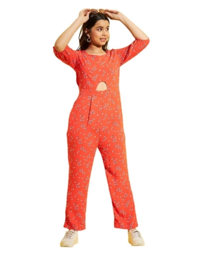 Generic Girl's Polyester Floral 3/4th Sleeve Jumpsuit (Coral)