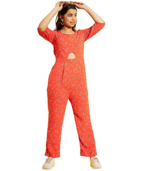 Generic Girl's Polyester Floral 3/4th Sleeve Jumpsuit (Coral)