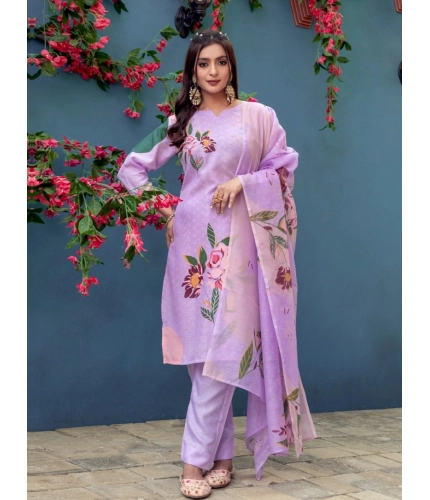 Generic Women's Cotton Blend Printed Kurti With Pant Dupatta Set (Lavender)