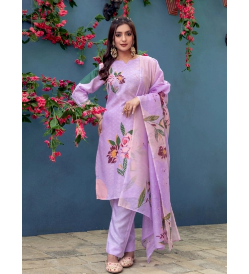 Generic Women's Cotton Blend Printed Kurti With Pant Dupatta Set (Lavender)