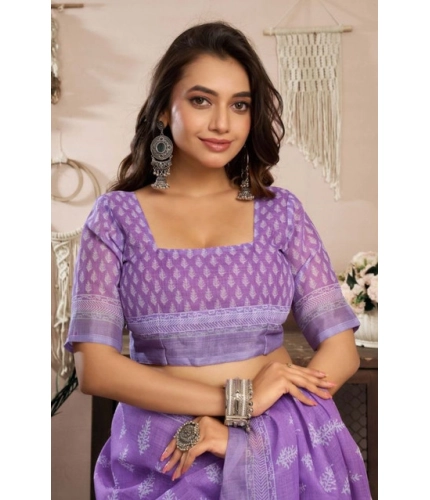 Generic Women's Faux Linen Floral Ready to wear Saree With Unstitched Blouse 5.5Mtr (Lavender)
