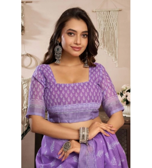 Generic Women's Faux Linen Floral Ready to wear Saree With Unstitched Blouse 5.5Mtr (Lavender)