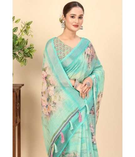 Generic Women's Cotton Silk Floral Printed Saree With Unstitched Blouse 5.5Mtr (Multicolor)