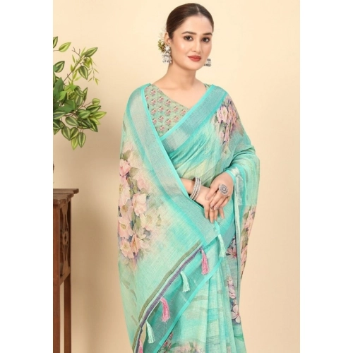 Generic Women's Cotton Silk Floral Printed Saree With Unstitched Blouse 5.5Mtr (Multicolor)
