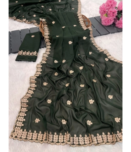 Generic Women's Georgette Embroidered Saree With Unstitched Blouse 5.5Mtr (Green)