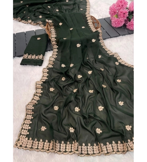 Generic Women's Georgette Embroidered Saree With Unstitched Blouse 5.5Mtr (Green)