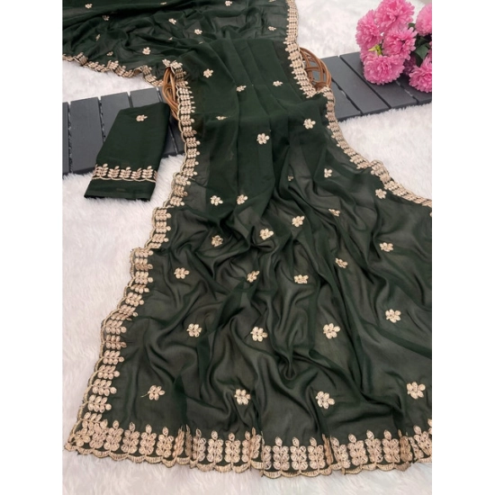 Generic Women's Georgette Embroidered Saree With Unstitched Blouse 5.5Mtr (Green)