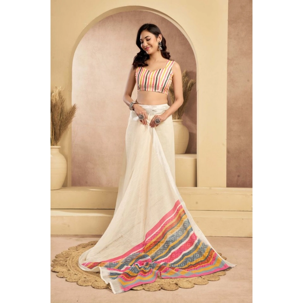 Generic Women's Linen Cotton Printed Ready To Wear Saree With Unstitched Blouse 5.5 Mtr (Beige)