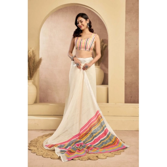 Generic Women's Linen Cotton Printed Ready To Wear Saree With Unstitched Blouse 5.5 Mtr (Beige)
