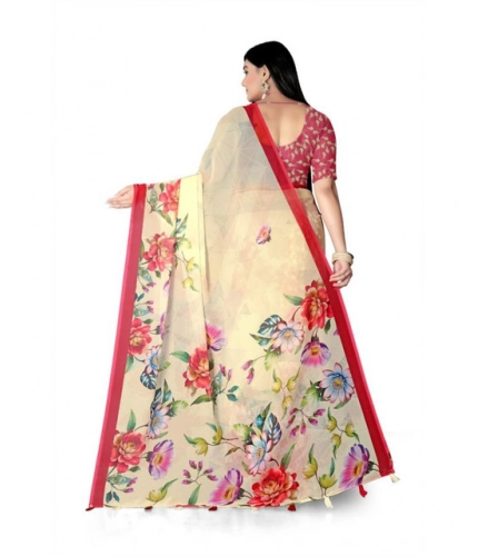 Generic Women's Georgette Floral Printed Saree With Unstitched Blouse 5.5Mtr (Yellow)