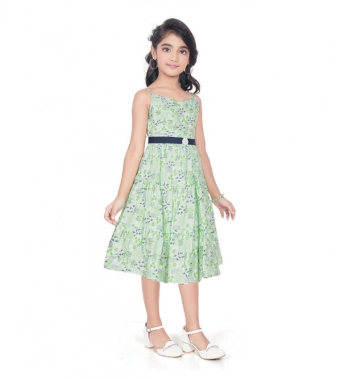 Generic Girl's Cotton Slub Printed Sleeve Less Round Neck Dress (Sea Green)