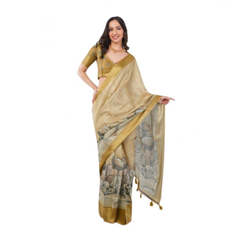 Women's Polyester Printed Ready To Wear Saree With Unstitched Blouse 5.5 Mtr (Gold)