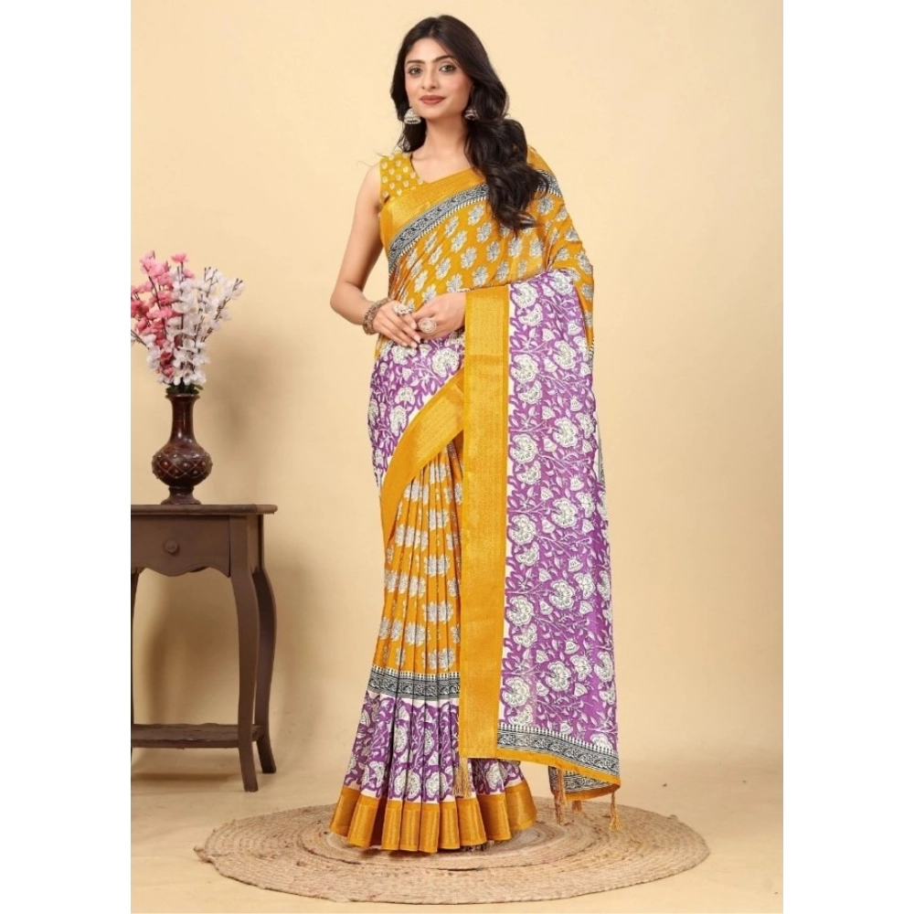 Generic Women's Cotton Blend Printed Saree With Unstitched Blouse 5.5Mtr (Yellow)