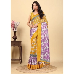 Generic Women's Cotton Blend Printed Saree With Unstitched Blouse 5.5Mtr (Yellow)