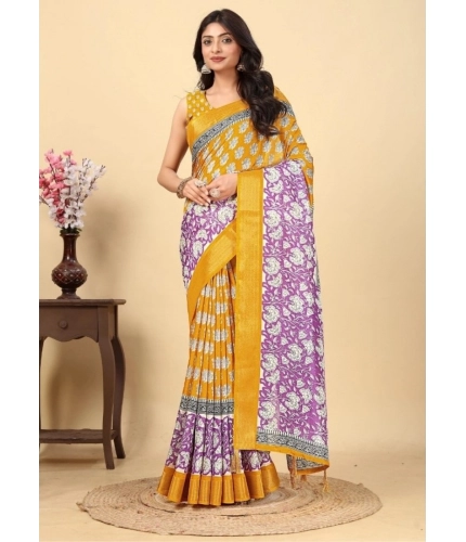Generic Women's Cotton Blend Printed Saree With Unstitched Blouse 5.5Mtr (Yellow)