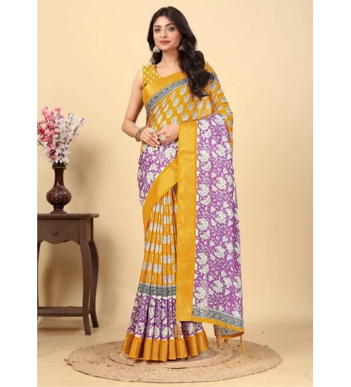 Generic Women's Cotton Blend Printed Saree With Unstitched Blouse 5.5Mtr (Yellow)