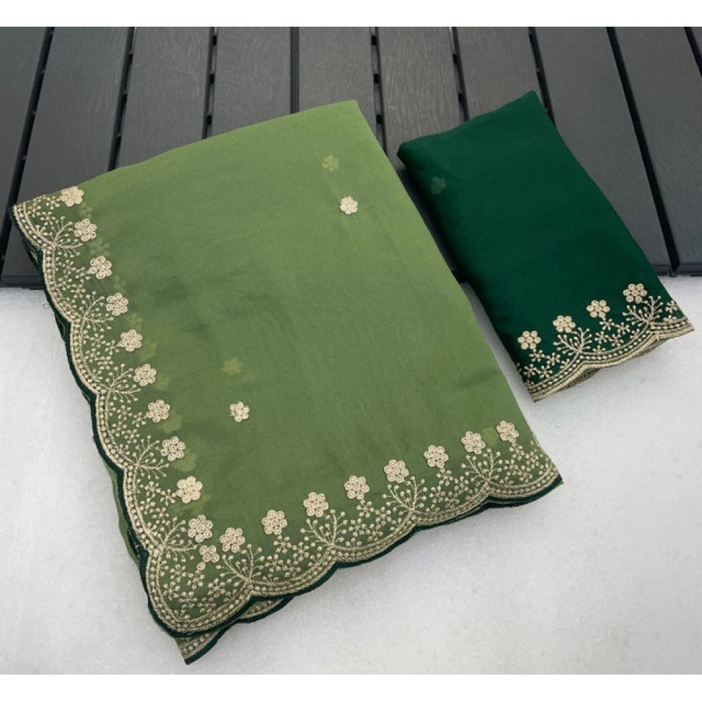Generic Women's Star Georgette Embroidered Saree With Unstitched Blouse 5.5Mtr (Green)