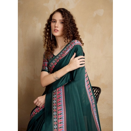 Generic Women's Satin Crepe Printed Saree With Unstitched Blouse 5.5Mtr (Green)