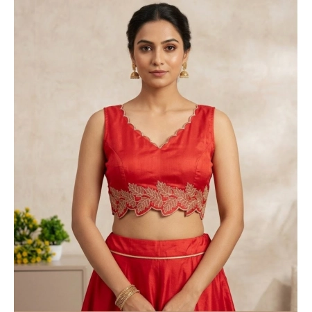 Generic Women's Silk Embroidered Sweetheart Neck Sleeveless Readymade Padded Blouse (Red, Size 38)