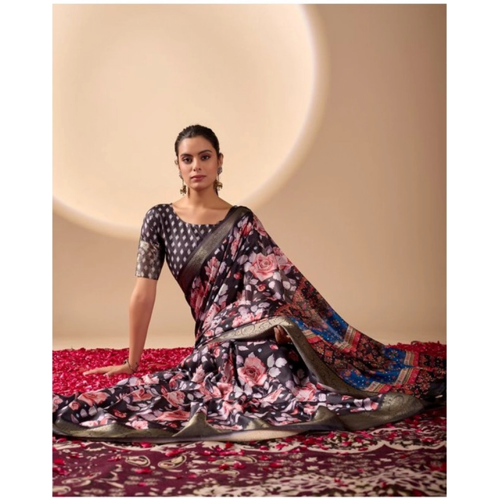 Generic Women's Faux_Silk Printed Saree With Unstitched Blouse 5.5Mtr (Blue)