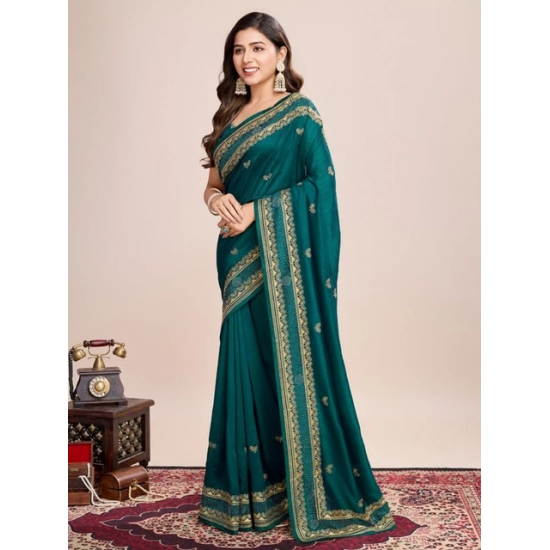 Generic Women's Vichitra Silk Embroidery Work Saree With Unstitched Blouse 5.5Mtr (Rama)