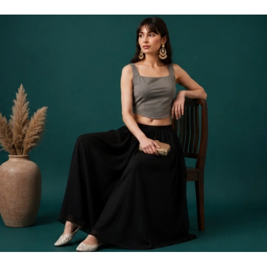 Generic Women's Georgette Solid Mid-Rise Wide Leg Flared Palazzo Pants with Elastic Waist (Black) Generic Women's Georgette Solid Mid-Rise Wide Leg Flared Palazzo Pants with Elastic Waist (Black)