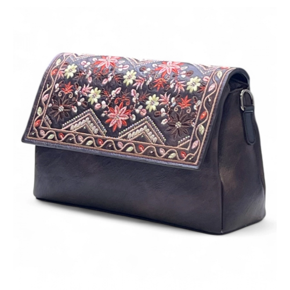 Generic Women's Polyurethane Floral Embroidered Crossbody Sling Bag with Adjustable & Removable Strap (Coffee)