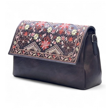 Generic Women's Polyurethane Floral Embroidered Crossbody Sling Bag with Adjustable &amp; Removable Strap (Coffee)