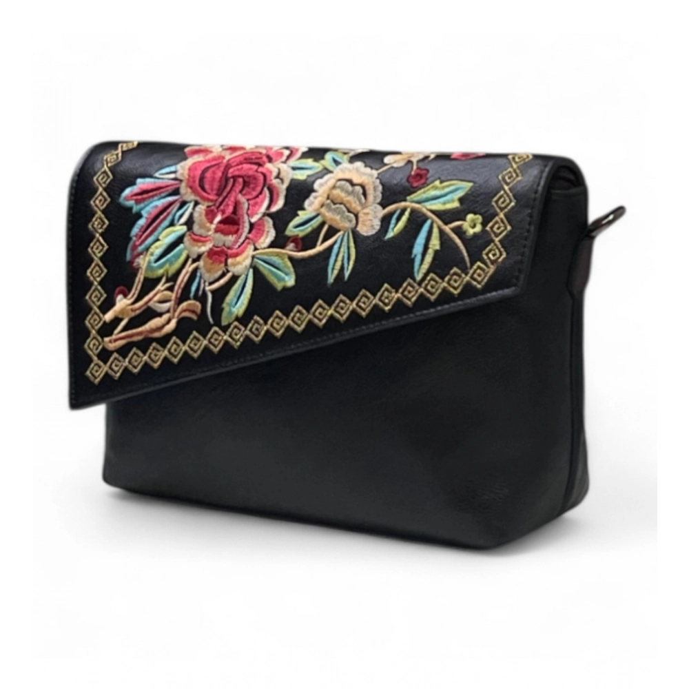 Generic Women's Polyurethane Floral Embroidered Crossbody Sling Bag with Adjustable & Removable Strap (Black)