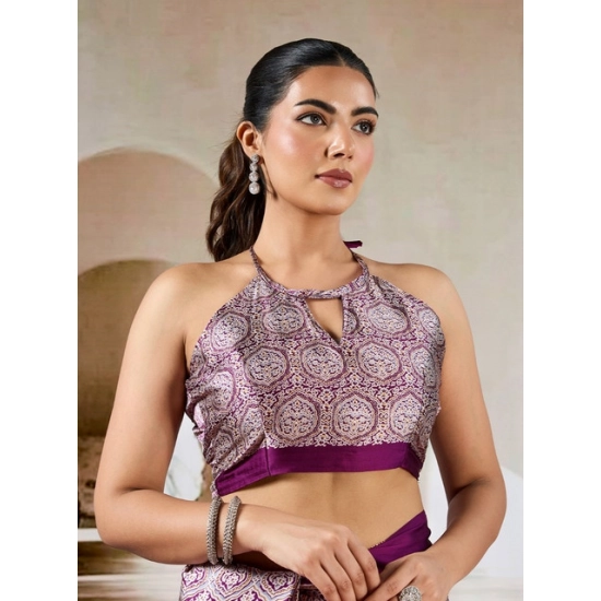 Generic Women's Satin Crepe Printed Saree With Unstitched Blouse 5.5Mtr (Purple)