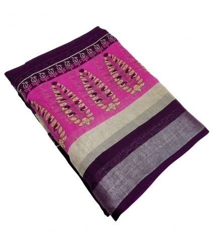 Generic Women's Cotton Linen Printed Saree With Unstitched Blouse 5.5Mtr (Wine)