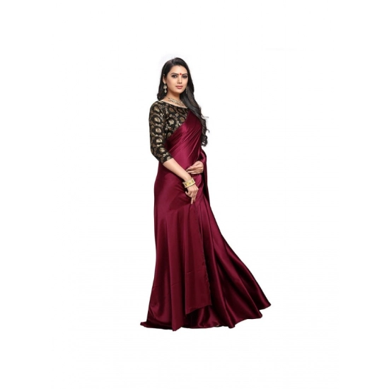 Generic Women's Satin Solid Saree With Unstitched Blouse 5.5Mtr (Maroon)