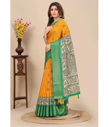 Generic Women's Cotton Silk Printed Saree With Unstitched Blouse 5.5Mtr (Yellow)