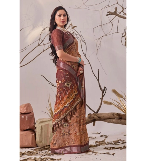 Generic Women's Faux_Linen Printed Saree With Unstitched Blouse 5.5Mtr (Bronze)