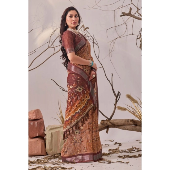 Generic Women's Faux_Linen Printed Saree With Unstitched Blouse 5.5Mtr (Bronze)