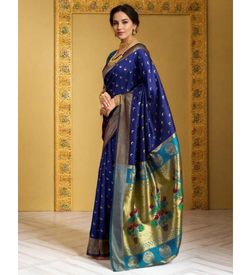 Generic Women's Silk Blend Zari Woven Saree With Unstitched Blouse 5.5Mtr (Navy)