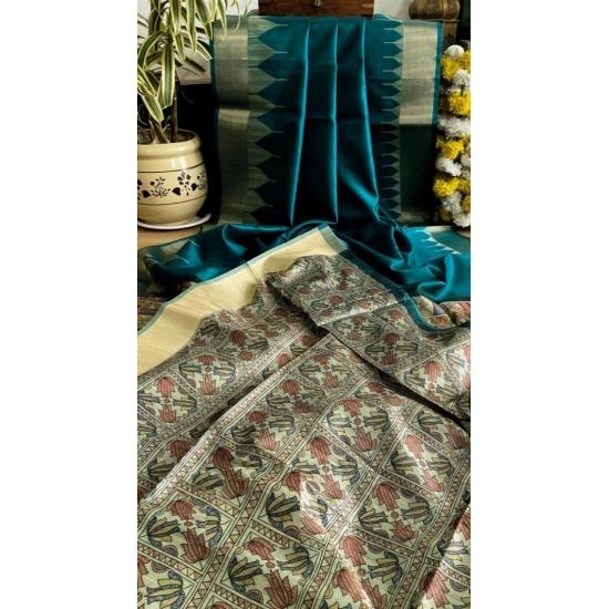 Generic Women's Tussar Silk Madhubani Saree With Unstitched Blouse 5.5Mtr (Rama)