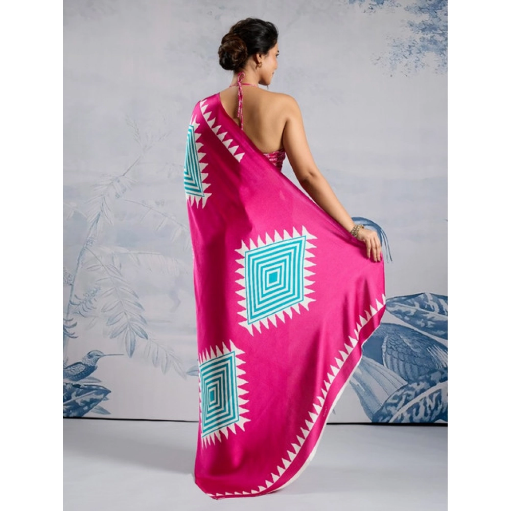 Generic Women's Satin Crepe Printed Saree With Unstitched Blouse 5.5Mtr (Pink)