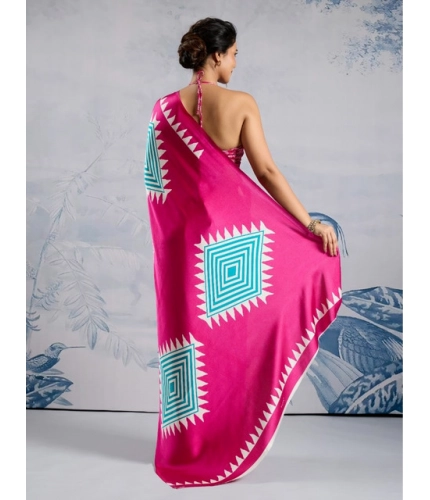 Generic Women's Satin Crepe Printed Saree With Unstitched Blouse 5.5Mtr (Pink)
