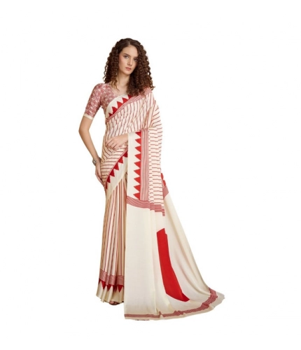Generic Women's Satin Crepe Printed Saree With Unstitched Blouse 5.5Mtr (Off White)
