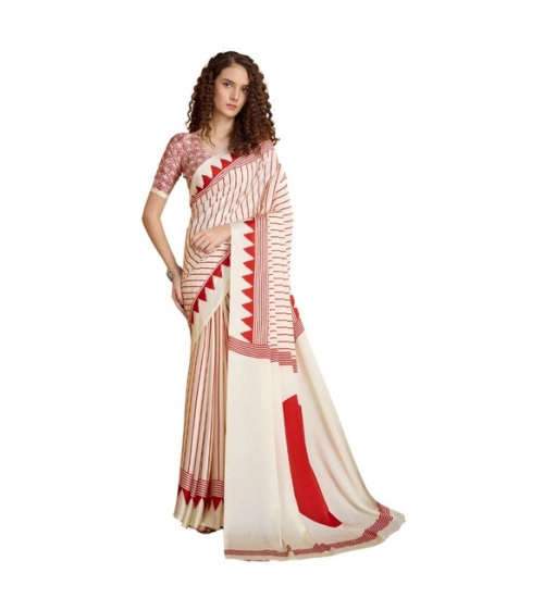 Generic Women's Satin Crepe Printed Saree With Unstitched Blouse 5.5Mtr (Off White)