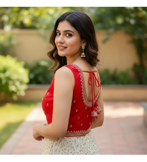 Generic Women's Zimmi Choo Sequin Work V-Neck Padded Blouse (Red 38 Ready (Self Alterable 36–40)