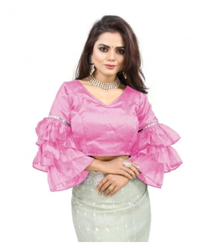 Generic Women's Organza Solid V Neck Layered Ruffle Sleeve Readymade Blouse (Light_Pink Free Size , up to 38–40 Bust)-PID65846