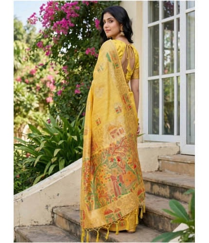 Generic Women's Linen Cotton Printed Saree With Unstitched Blouse 5.5Mtr (Yellow)