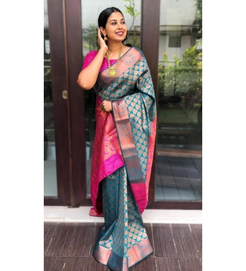 Generic Women's Litchi silk Printed Saree With Unstitched Blouse (Blue)